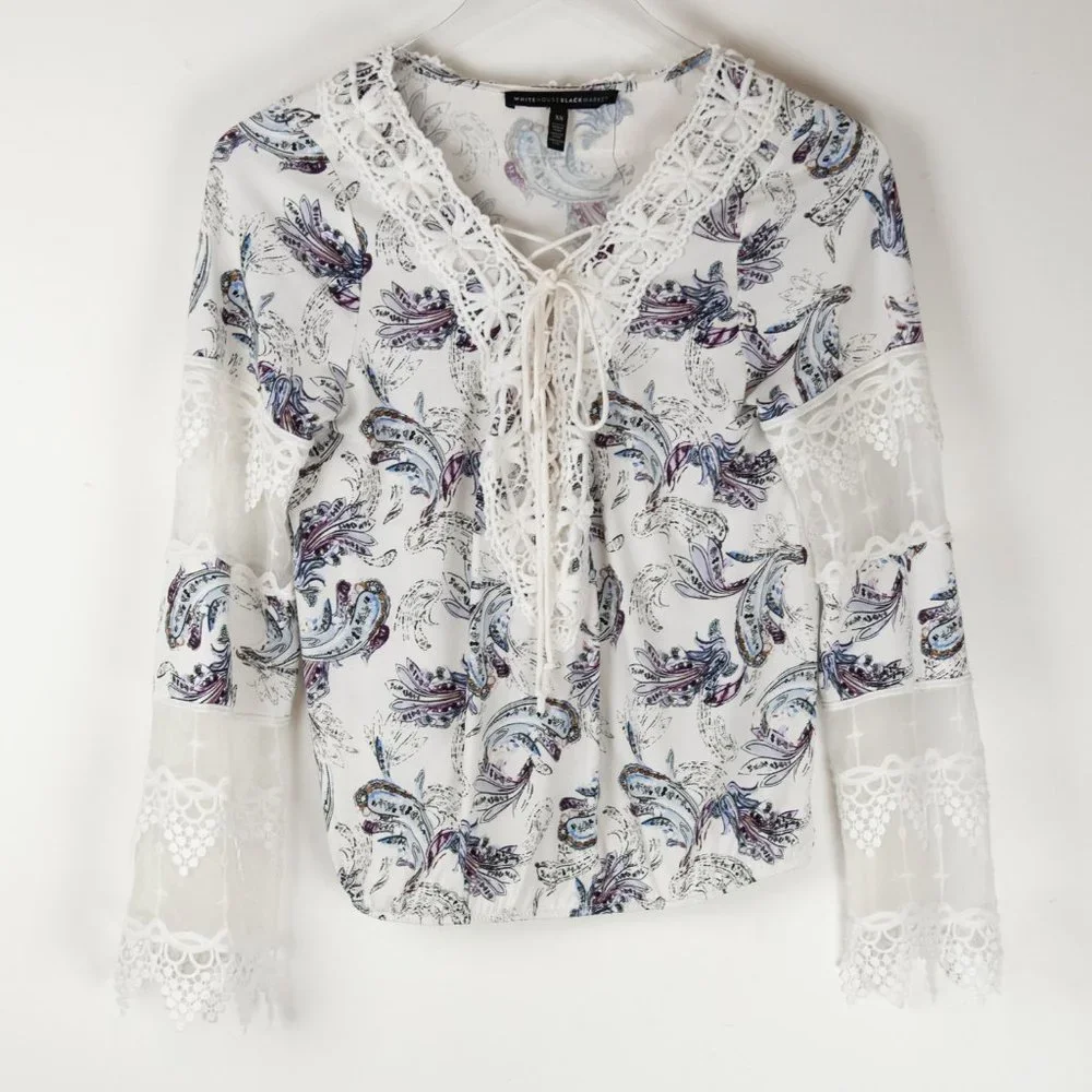 White House Black Market Floral Lace Up Top Embroidered Blouse Multicolor XS
